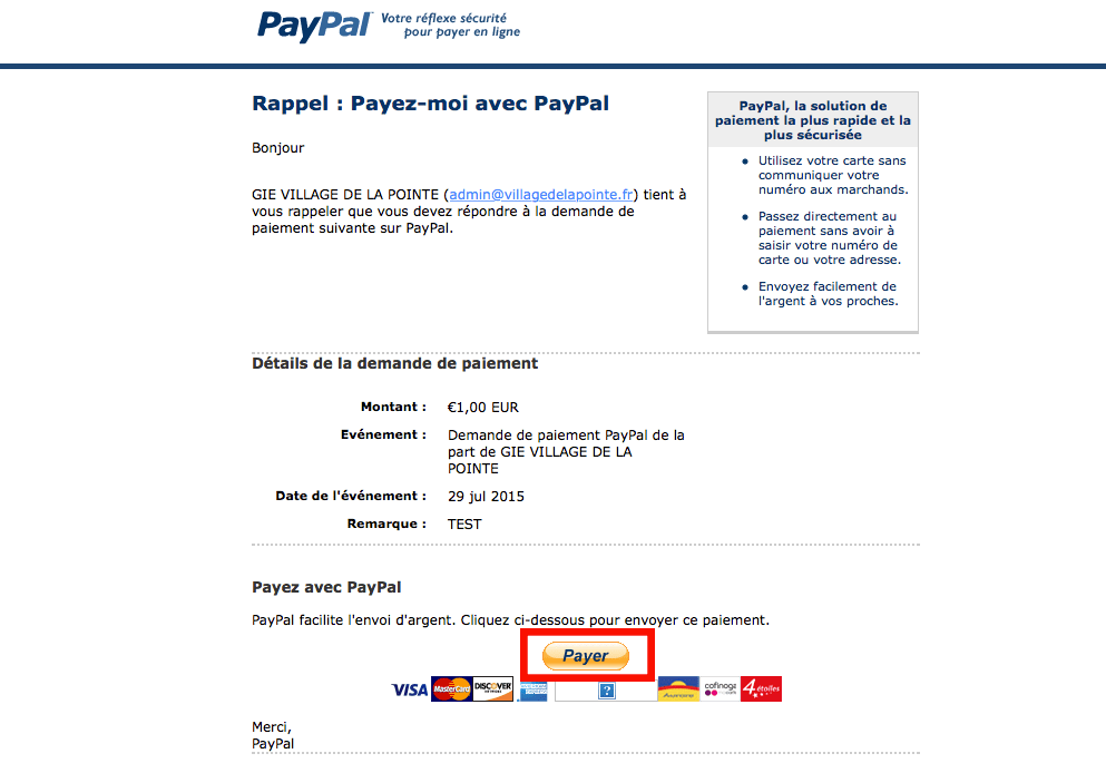 Email de paiement PayPal